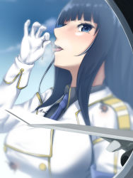 1girl aircraft airplane black_hair black_shirt blue_eyes blue_necktie blunt_bangs blush breasts cloud coat collared_shirt day epaulettes focused giant giantess gloves highres ikaruga_(senran_kagura) jet_engine large_breasts long_hair long_sleeves looking_at_viewer necktie open_mouth rakia_(ds00309) senran_kagura shirt solo teeth tongue tongue_out train vore white_coat white_gloves