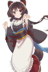 1girl :3 animal_ears apron ayuko_ammobium blush breasts brown_hair brown_tail closed_mouth commentary_request dog_ears dog_girl dog_tail dot_nose floating_hair flower frills full_body grey_kimono grey_sash hair_flower hair_ornament hands_up heterochromia highres inui_toko inui_toko_(1st_costume) japanese_clothes kimono long_hair long_skirt long_sleeves looking_at_viewer maid maid_headdress nijisanji obi obiage obijime red_eyes red_skirt sash simple_background skirt small_breasts smile solo tail tail_under_clothes very_long_hair virtual_youtuber wa_maid waist_apron white_apron white_background white_headdress yellow_eyes