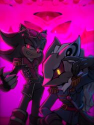 black_doom black_gloves epaulettes eyewear_on_head furry furry_male gloves glowing glowing_eyes highres idol infinite_(sonic) kumo_zd male_focus mask pink-tinted_eyewear pink_background red_eyes shadow_the_hedgehog shirt sonic_(series) sonic_channel sword tinted_eyewear weapon white_shirt yellow_eyes