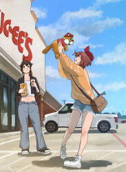 ahoge alternate_costume arms_up bag black_hair blue_eyes brown_hair buc-ee&#039;s cloud commission crop_top day denim denim_shorts hair_flaps hat highres holding holding_stuffed_toy jeans kantai_collection kuragare motor_vehicle multiple_girls outdoors pants parking_lot red_hat shigure_(kancolle) shoes short_hair shorts skeb_commission sky standing stuffed_animal stuffed_beaver stuffed_toy sweater truck yukikaze_(kancolle)