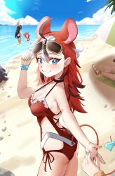 1other 3girls :3 absurdres adjusting_eyewear animal_ears bad_anatomy bad_hands beach bikini black_hair blue_eyes blue_sky bow breasts casual_one-piece_swimsuit closed_mouth cloud collar colored_tips commentary day english_commentary extra_digits eyewear_on_head frilled_one-piece_swimsuit frills hair_between_eyes hakos_baelz hakos_baelz_(holonatsu_paradise) hand_up highres hololive hololive_english holonatsu_paradise holopromise irys_(hololive) irys_(holonatsu_paradise)_(hololive) long_hair looking_at_viewer medium_breasts mouse_ears mouse_girl mouse_tail multicolored_hair multiple_girls multiple_others official_alternate_costume one-piece_swimsuit ouro_kronii ouro_kronii_(holonatsu_paradise) outdoors pov pov_hands pyrokuro red_hair red_one-piece_swimsuit side-tie_one-piece_swimsuit sky smile solo_focus spiked_collar spikes streaked_hair sunglasses swimsuit tail tail_bow tail_ornament virtual_youtuber white_hair