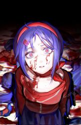 1girl 2024 blood blood_on_face blood_on_ground blue_eyes blue_footwear blue_skirt breasts crazy_mita_(miside) dated death from_above glowing hair_ornament hairband hairclip highres long_hair looking_at_viewer miside mita_(miside) mofa_shuimu_jiang parted_lips pleated_skirt red_hairband red_pupils red_shirt shirt signature skirt small_breasts teeth translation_request very_long_hair