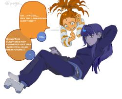 ... 2girls anxiety_(inside_out_2) aqua_eyes arm_behind_head artist_name blue_eyes blue_hair blue_nails blue_pants blue_sweater blunt_bangs breasts cellphone closed_mouth colored_skin commentary crossed_legs earclip english_commentary english_text ennui_(inside_out_2) fingernails full_body grey_skin grey_socks half-closed_eyes high_ponytail highres holding holding_phone inside_out inside_out_2 kugai697139 long_hair long_sleeves looking_at_phone medium_breasts messy multiple_girls nail_polish nervous no_shoes open_mouth orange_hair orange_skin pants phone ponytail sharp_teeth simple_background single_sidelock sitting smartphone socks speech_bubble spoken_ellipsis striped_clothes striped_sweater sweatdrop sweater teeth white_background white_sweater wide_sleeves