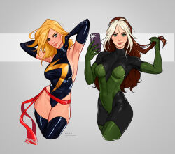 2girls animification bodysuit breasts brown_hair carol_danvers colored_bangs green_bodysuit green_eyes highres impossible_clothes impossible_leotard large_breasts leotard lightning_bolt_symbol long_hair looking_at_viewer marvel ms._marvel multicolored_bodysuit multicolored_hair multiple_girls olena_minko red_scarf rogue_(x-men) scarf smile superhero_costume two-tone_bodysuit two-tone_hair white_hair x-men yellow_bodysuit