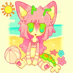 1girl animal_ears animal_hands antennae artist_request ball beach bikini character_request child copyright_request flower frakopih furry highres lobster_tail non-web_source pink_hair starfish sun swimsuit