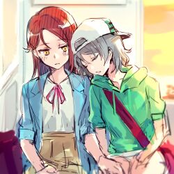 2girls anna_039 bag blush grey_hair hat long_hair love_live! love_live!_sunshine!! multiple_girls red_hair sakurauchi_riko sitting sleeping watanabe_you yuri