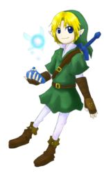 1boy blonde_hair boots elbow_gloves fairy gloves instrument link male_focus master_sword nagihara_rion navi nintendo ocarina parody solo style_parody sword the_legend_of_zelda touhou weapon zun_(style)