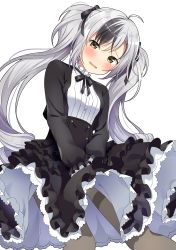 1girl black_bow black_hair black_jacket black_skirt blush bow breasts brown_eyes brown_pantyhose covering_crotch covering_privates female_focus genderswap genderswap_(mtf) hair_between_eyes hair_bow high-waist_skirt highres jacket long_hair long_sleeves multicolored_hair nijisanji pantyhose parted_lips puffy_long_sleeves puffy_sleeves shirt silver_hair simple_background skirt small_breasts solo suzuki_masaru tears thighband_pantyhose twintails two-tone_hair very_long_hair virtual_youtuber white_background white_shirt yuusa