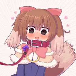 1girl animal_ears black_eyes blush bow_alma brown_hair collar condom dog_ears dog_girl dog_tail emil_chronicle_online hair_ribbon heart heart-shaped_pupils highres leash open_mouth pink_ribbon ribbon rna0 symbol-shaped_pupils tail white_background
