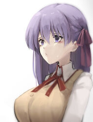 1girl absurdres blush breasts brown_vest collared_shirt deko_morii fate/stay_night fate_(series) highres homurabara_academy_school_uniform large_breasts long_hair long_sleeves matou_sakura neck_ribbon purple_eyes purple_hair red_ribbon ribbon school_uniform shirt solo vest white_shirt