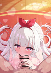 Rule 34 | 1boy, 1girl, bar censor, bow hairband, breasts, breasts out, censored, commentary request, commission, fellatio, flower knight girl, hairband, heart, heart in eye, hetero, highres, japanese clothes, kimono, large breasts, large variant set, long hair, mumyou ishi, oral, penis, penis grab, pov, pov crotch, red eyes, red hairband, red kimono, redbud hazel (flower knight girl), skeb commission, solo focus, symbol in eye, testicle grab, testicles, textless version, variant set, veins, veiny penis, very long hair, white hair