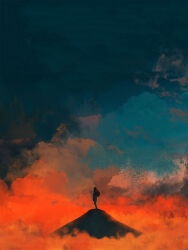 1other backpack bag colored_smoke dkaism from_side gradient_sky mountain mountainous_horizon mountaintop night original scenery silhouette size_difference sky smoke