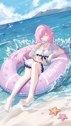 1girl ;) absurdres afloat barefoot beach bikini blue_eyes blue_sky breasts character_name chinese_commentary cleavage commentary_request elf elysia_(honkai_impact) elysia_(miss_pink_elf)_(honkai_impact) elysia_(summer_miss_elf)_(honkai_impact) feet food hairband highres holding holding_food holding_popsicle honkai_(series) honkai_impact_3rd jewelry large_breasts licking_lips navel necklace neet_(jdud2284) ocean official_alternate_costume one_eye_closed outdoors pink_hair pointy_ears popsicle purple_innertube shell shell_necklace sky smile soles solo starfish stomach swimsuit toes tongue tongue_out white_bikini white_hairband