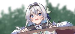 1girl black_hairband black_jacket blue_eyes blue_pupils blue_ribbon blurry blurry_background blush bridal_gauntlets collared_shirt firefly_(honkai:_star_rail) frilled_sleeves frills gradient_eyes green_pupils grey_hair hair_between_eyes hair_intakes hair_ornament hair_ribbon hairband highres honkai:_star_rail honkai_(series) jacket long_sleeves multicolored_eyes neckerchief open_mouth orange_neckerchief ribbon shirt single_bridal_gauntlet solo stuck sweatdrop white_shirt white_sleeves ynfkin