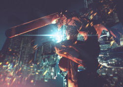 1boy absurdres blurry chainsaw chainsaw_man dark_background denji_(chainsaw_man) facing_to_the_side highres hybrid limited_palette neg_(101neg) night night_sky open_clothes open_mouth sharp_teeth sky solo squatting teeth
