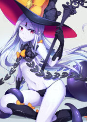 1girl abigail_williams_(fate) abigail_williams_(third_ascension)_(fate) bare_shoulders black_bow black_hat black_panties blush bow breasts colored_skin corruption dark_persona fate/grand_order fate_(series) forehead hair_bow hat highres key keyhole long_hair looking_at_viewer navel orange_bow panties parted_bangs polka_dot polka_dot_bow possessed possession red_eyes ryofuhiko small_breasts smile solo staff tentacles thighs third_eye underwear white_hair white_skin witch_hat yog-sothoth