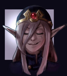 1boy cloak closed_eyes facial_mark gem hat hat_ornament lavleyart long_hair male_focus nintendo non-web_source open_mouth pale_skin pointy_ears portrait purple_cloak purple_hair purple_hat red_gemstone self-upload smile smug solo teeth the_legend_of_zelda the_legend_of_zelda:_the_minish_cap upper_teeth_only vaati