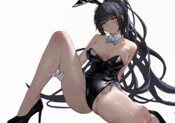 Rule 34 | 1girl, absurdres, animal ears, black hair, black leotard, blue archive, blue bow, blue bowtie, blush, bow, bowtie, breasts, dark-skinned female, dark skin, detached collar, fake animal ears, gloves, head tilt, high heels, highleg, highleg leotard, highres, karin (blue archive), karin (bunny) (blue archive), large breasts, leotard, long hair, looking at viewer, no legwear, number-only commentary, number tattoo, official alternate costume, official alternate hairstyle, playboy bunny, ponytail, rabbit ears, simple background, sitting, solo, strapless, strapless leotard, tattoo, thighs, traditional bowtie, very long hair, white background, white gloves, yellow eyes, yuhou rainbow