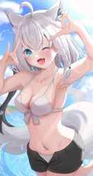 absurdres ahoge animal_ear_fluff animal_ears armpits bare_shoulders bikini black_shorts blue_eyes blush braid breasts cleavage cloud collarbone fox_ears fox_girl fox_shadow_puppet fox_tail hair_between_eyes highres hololive large_breasts long_hair looking_at_viewer medium_breasts navel one_eye_closed open_mouth sasamin shirakami_fubuki shorts smile swimsuit tail virtual_youtuber water white_bikini white_hair
