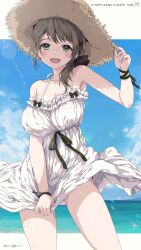 Rule 34 | 1girl, bare shoulders, blue sky, blush, breasts, brown hair, cleavage, cloud, collarbone, commission, dress, green eyes, hair ornament, hair ribbon, hat, highres, hinamizawa kurumi, large breasts, long hair, looking at viewer, mole, mole under mouth, ocean, oomura karasu, open mouth, outdoors, pygmalion. (group), ribbon, sky, sleeveless, sleeveless dress, smile, solo, straw hat, sun hat, sundress, virtual youtuber, water, white dress