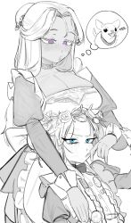 2girls :/ absurdres alternate_costume annotated bbizim03 blue_eyes breasts bun_cover cheek_pinching chihuahua dog elden_ring elden_ring_nightreign flower_wreath greyscale hair_bun highres hug hug_from_behind huge_breasts looking_at_another maid monochrome multiple_girls o3o pinching pout purple_eyes recluse_(elden_ring) revenant_(elden_ring) single_hair_bun speech_bubble spot_color thought_bubble