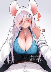 Rule 34 | 1boy, 1girl, animal ears, breasts, bulge, cleavage, collarbone, commentary, commission, english commentary, erection, erection under clothes, girl on top, gradient background, grey background, hair between eyes, hair ornament, hairclip, hetero, highres, jewelry, large breasts, long hair, looking at viewer, mouse ears, mouse girl, original, pendant, red eyes, shirt, solo, solo focus, sweat, white hair, white shirt, zasshu