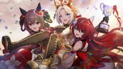 3girls absurdres ahoge animal_ears bare_shoulders black_boots black_gloves boots braid braided_hair_rings brown_hair commentary_request confetti dress ear_covers fur-trimmed_jacket fur_trim gentildonna_(umamusume) gloves green_eyes hair_between_eyes hair_ornament hair_rings highres holding holding_trophy horse_ears horse_girl horse_tail jacket long_hair multicolored_hair multiple_girls orfevre_(umamusume) purple_eyes red_dress red_eyes red_hair shinmai_(kyata) single_ear_cover smile streaked_hair tail thigh_boots trophy umamusume very_long_hair white_hair win_variation_(umamusume)