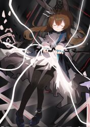 1girl amiya_(arknights) amiya_(medic)_(arknights) animal_ears arknights black_pantyhose brown_hair closed_eyes corrupted_twitter_file full_body highres holding hoshikawayoyami jewelry lightning long_hair mary_janes multiple_rings pantyhose rabbit_ears ring shoes solo
