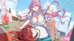 Rule 34 | 2girls, all fours, anger vein, azuki yui, ball, beach chair, beachball, bikini, blue sky, breasts, clenched hand, cloud, day, dorothy (nikke), dorothy (serendipity) (nikke), fighting, frilled bikini, frills, goddess of victory: nikke, hairband, highres, large breasts, lotion bottle, lying, multiple girls, on back, outdoors, parted lips, pink hair, punching, purple eyes, rapi (nikke), rapi (red hood) (nikke), rapi (red hood) (red flavor) (nikke), red eyes, red hair, ship deck, shirt, sky, swimsuit, v-shaped eyebrows