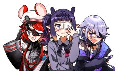 Rule 34 | 3girls, animal ears, bandaid, black gloves, black jacket, blue eyes, chuunibyou, ddolbang, eyepatch, gloves, gradient hair, grey hair, hair flaps, hakos baelz, hakos baelz (steel rose), hat, highres, hololive, hololive english, jacket, katana, koseki bijou, koseki bijou (casual), looking at viewer, mole, mole under eye, mouse ears, mouse girl, multicolored hair, multiple girls, ninomae ina&#039;nis, ninomae ina&#039;nis (school uniform), official alternate costume, peaked cap, pointy ears, purple eyes, purple hair, red hair, school uniform, sharp teeth, sheath, side ponytail, sidelocks, smile, streaked hair, sword, teeth, tentacle hair, unsheathing, virtual youtuber, weapon, white background