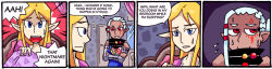 2girls blonde_hair blue_eyes comic english_text female_pervert hyrule_warriors impa long_hair multiple_girls nintendo pervert pointy_ears princess_zelda red_eyes setz speech_bubble the_legend_of_zelda white_hair