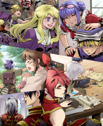 3girls 6+boys :3 acolyte_(ragnarok_online) armor assassin_(ragnarok_online) backpack bag bandages belt black_pants black_wings blacksmith_(ragnarok_online) blonde_hair bloody_murderer blue_eyes blue_hair blue_pants blue_sky book book_on_head brown_belt brown_footwear brown_hair brown_shirt brown_shorts cape capelet chair cigarette closed_eyes closed_mouth cloud column commentary_request cross cross_necklace dagger day demon_wings double_bun dress eyewear_on_head feathers fur-trimmed_jacket fur_trim gem green_shirt hair_between_eyes hair_bun hair_over_eyes head_wings holding holding_dagger holding_knife holding_weapon indoors inkwell interlocked_fingers jacket jamadhar jewelry juliet_sleeves knife long_hair long_sleeves looking_at_another looking_to_the_side magic_circle mask multiple_boys multiple_girls necklace novice_(ragnarok_online) object_on_head open_mouth orange_eyes outdoors own_hands_together pants paper pauldrons pillar poring priest_(ragnarok_online) puffy_sleeves purple_cape purple_dress purple_eyes purple_shirt quill ragnarok_online red_eyes red_jacket red_shirt rock rogue_(ragnarok_online) scroll sezaki_takumi shirt shoes short_hair short_sleeves shorts shoulder_armor sitting sky sleeveless sleeveless_shirt slime_(creature) smile smoking sunglasses table treasure_chest tree upper_body waist_cape weapon white_capelet white_hair white_shirt window wings wizard_(ragnarok_online) wooden_floor