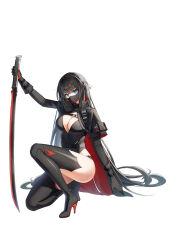 Rule 34 | 1girl, arm up, belt, black boots, black gloves, black hair, black shirt, black thighhighs, blue eyes, boots, braid, breasts, cape, cleavage, closers, full body, gloves, high collar, high heel boots, high heels, highres, holding, holding sword, holding weapon, katana, large breasts, long hair, long sleeves, looking at viewer, mask, mouth mask, official art, on one knee, plunging neckline, reverse grip, shirt, simple background, solo, sword, thigh boots, thighhighs, thighs, very long hair, weapon, white background, yuri seo