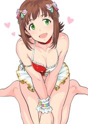 1girl :d amami_haruka bare_legs barefoot bow breasts breasts_squeezed_together brown_hair choker cleavage collarbone frilled_skirt frills from_above green_eyes hair_bow head_tilt heart highres idolmaster idolmaster_(classic) jewelry looking_at_viewer medium_breasts midriff miniskirt multiple_hair_bows navel open_mouth short_hair simple_background sitting skirt sleeveless smile solo striped_bow striped_clothes striped_skirt tsurui wariza white_background