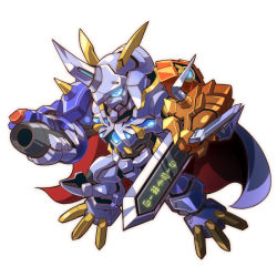arm_blade arm_cannon blue_eyes cape chibi digimon digimon_(creature) glowing glowing_eye horns mecha no_humans omegamon robot simple_background single_horn solo taedu weapon white_background