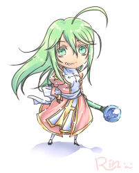 1girl ahoge back_bow black_shoes bow chibi chibi_only commentary_request cross cross_print dress full_body green_eyes green_hair grin high_priest_(ragnarok_online) holding holding_staff juliet_sleeves long_hair long_sleeves looking_at_viewer matoyuuki pink_dress puffy_sleeves ragnarok_online sash shoes simple_background smile solo staff two-tone_dress white_background white_bow white_dress white_sash
