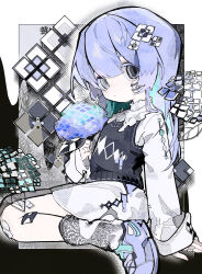 1girl absurdres aqua_hair black_vest closed_mouth collar colored_inner_hair flower grey_eyes hair_between_eyes hair_ornament highres holding holding_flower hydrangea long_hair long_sleeves looking_at_viewer multicolored_hair original purple_hair purple_shoes shirt shoes sitting skirt solo soresaki two-tone_hair vest wariza white_collar white_shirt white_skirt