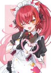1girl animal_ears apron black_dress black_gloves border braid cat_ears cat_girl commentary_request dress earrings floating_hair gloves hair_ribbon hands_up heart heart_hands highres jewelry maid maid_apron maid_headdress nekota_tsuna nekota_tsuna_(3rd_costume) one_eye_closed orange_eyes partially_fingerless_gloves pink_background red_hair ribbon short_sleeves upper_body virtual_youtuber vspo! white_border z.m._(zimin)