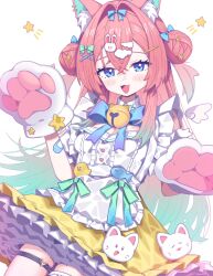 Rule 34 | 1girl, :3, animal hands, apron, bell, blue bow, blue bowtie, blue eyes, blush, bow, bowtie, double bun, dress, frilled apron, frills, gloves, gradient hair, green bow, green hair, hair bow, hair bun, hair ornament, heart, heart o-ring, highres, jingle bell, long hair, looking at viewer, mini wings, morumoru x, multicolored hair, neck bell, o-ring, open mouth, original, paw gloves, pink hair, simple background, smile, solo, star (symbol), thigh strap, white apron, white background, wings, x hair ornament, yellow dress