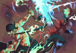 2boys absurdres bandana black_gloves black_kimono black_shirt blonde_hair blue_fire cigarette clenched_teeth commentary earrings english_commentary fire formal_clothes gloves green_hair hair_over_one_eye highres holding holding_sword holding_weapon ifrit_jambe incoming_attack japanese_clothes jewelry kimono male_focus multiple_boys necktie one_piece roronoa_zoro sanji_(one_piece) scar scar_across_eye scar_on_face shirt signature smoke suit sword teeth topless_male trope_art weapon