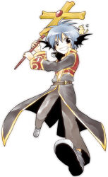 1boy animal animal_on_head ark_kan bird bird_on_head black_coat black_eyes black_wings brown_pants chick coat commentary_request cross full_body grey_hair grey_shoes grin head_wings holding holding_cross long_sleeves looking_at_viewer lowres male_focus multicolored_coat on_head pants priest_(ragnarok_online) ragnarok_online red_coat shoes short_hair simple_background smile solo two-tone_coat white_background wings