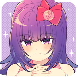 Rule 34 | 1girl, bad id, bad pixiv id, blunt bangs, blush, border, bow, closed mouth, flower, hair bow, hair flower, hair ornament, hanazono shuka, hands up, idol time pripara, interlocked fingers, long hair, looking at viewer, lowres, n (m ohkamotoh), own hands together, pink bow, ponytail, portrait, pretty series, pripara, purple background, purple eyes, purple hair, smile, solo, sparkle, white border