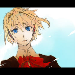 1girl aigis_(persona) android atlus az0212 bad_id bad_pixiv_id blonde_hair blue_eyes day female_focus gradient_background letterboxed open_mouth persona persona_3 school_uniform sky solo