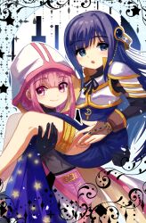 2girls blue_eyes blue_hair highres hood hood_up long_hair looking_to_the_side magia_record:_mahou_shoujo_madoka_magica_gaiden magical_girl mahou_shoujo_madoka_magica multiple_girls nanami_yachiyo pink_eyes pink_hair plusplushm princess_cadance tamaki_iroha