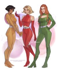3girls alex_(totally_spies) applying_makeup artist_name ass bare_shoulders belt black_hair blonde_hair bodysuit breasts clover_(totally_spies) dark-skinned_female dark_skin elbow_gloves gloves green_bodysuit green_footwear hand_on_own_hip high_heels highres long_hair makeup medium_breasts multiple_girls orange_hair red_bodysuit red_footwear rosalynnart sam_(totally_spies) short_hair smile totally_spies whoop_catsuit y2k_fashion yellow_bodysuit