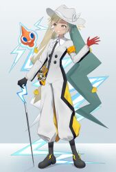 Rule 34 | 1girl, absurdres, armband, black necktie, buttons, cane, collared shirt, commentary request, electric miku (project voltage), full body, gen 4 pokemon, gloves, grey hat, grey jumpsuit, grin, hand up, hat, hatsune miku, highres, holding, jumpsuit, korean commentary, long hair, long sleeves, necktie, nintendo, pm (lily112100), poke ball, pokemon, pokemon (creature), project voltage, red gloves, rotom, rotom (normal), shirt, smile, standing, striped clothes, teeth, twintails, ultra ball, vertical-striped clothes, vertical-striped necktie, vocaloid, white shirt