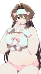 1girl absurdres borrowed_character bow breasts brown_hair choker cleavage eden_(e2kay) fingerless_gloves gloves hair_ornament heart heart_hair_ornament highres large_breasts long_hair milk_carton nanaco_(meisharan) navel one_eye_closed original panties pink_bow pink_choker pink_panties plump shadow simple_background solo tongue tongue_out underwear very_long_hair white_background