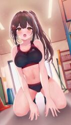 1girl aoe_ui black_panties black_shoes black_sports_bra blurry blurry_background blush breasts brown_eyes brown_hair cleavage commission depth_of_field full_body gym_storeroom hair_between_eyes hair_intakes highres kneeling large_breasts long_hair looking_at_viewer navel open_mouth original panties ponytail shoes skeb_commission sneakers solo sports_bra stomach sweat teeth underwear upper_teeth_only