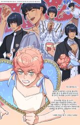 1boy 1girl argyle_clothes argyle_sweater black_shirt bob_cut bruno_bucciarati highres jojo_no_kimyou_na_bouken moonnacorn necktie pectoral_cleavage pectorals polka_dot polka_dot_hair shirt stand_(jojo) sticky_fingers_(stand) sweater trish_una vento_aureo white_necktie zipper zipper_pull_tab