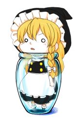 1girl apron artist_request blonde_hair blush bobby_socks bottle bow braid chibi full_body glass_bottle hair_bow hat in_bottle in_container kirisame_marisa long_hair mary_janes non-web_source o_o open_mouth raised_eyebrows shoes single_braid skirt socks solo source_request standing stuck touhou transparent_background turtleneck waist_apron witch_hat